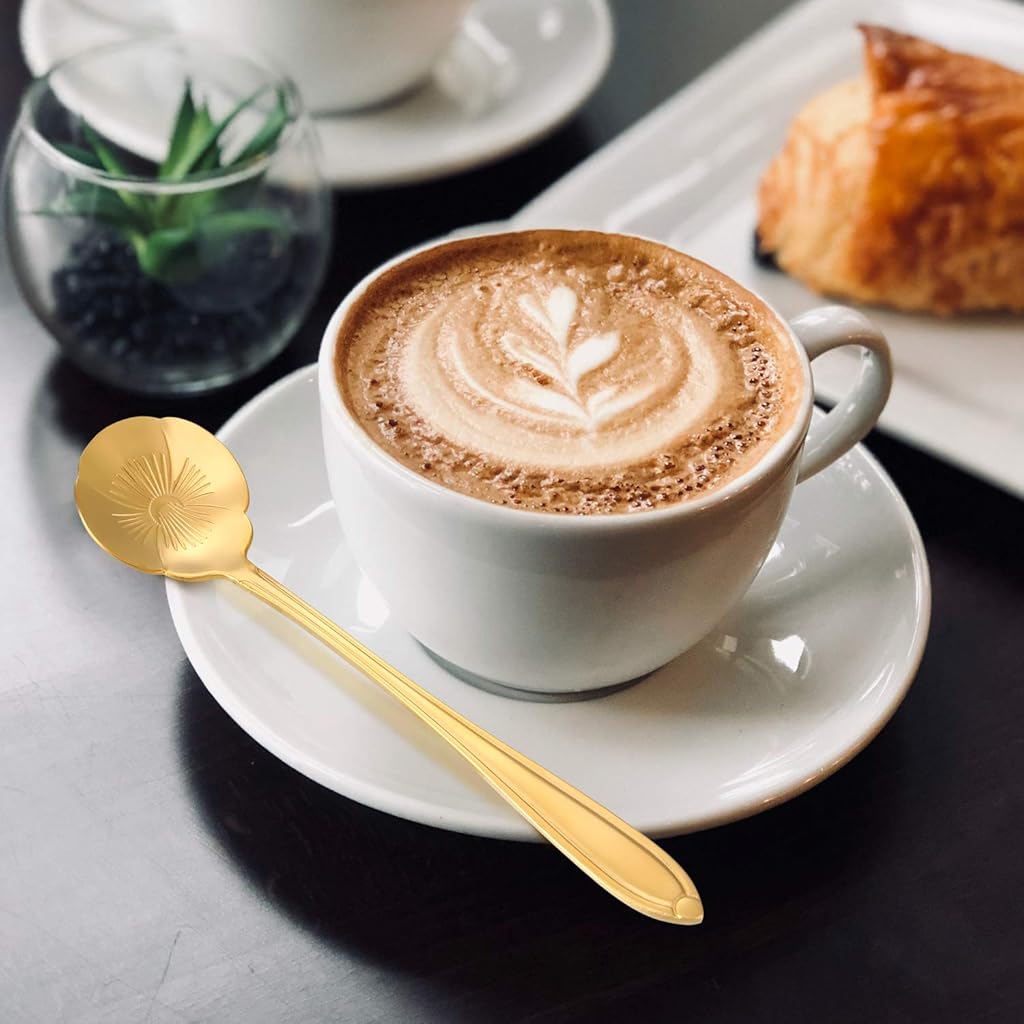 HASTHIP 8 Pieces Flower Spoon Coffee Teaspoon Set, 410 Stainless Steel Tableware, Reusable Sugar Spoon Tea Spoon Stir Bar Spoon Stirring Spoon, 8 Different Patterns (Golden) HASTHIP 8 Pieces Flower Spoon Coffee Teaspoon Set, 410 Stainless Steel Tableware, Reusable Sugar Spoon Tea Spoon Stir Bar Spoon Stirring Spoon, 8 Different Patterns (Golden)